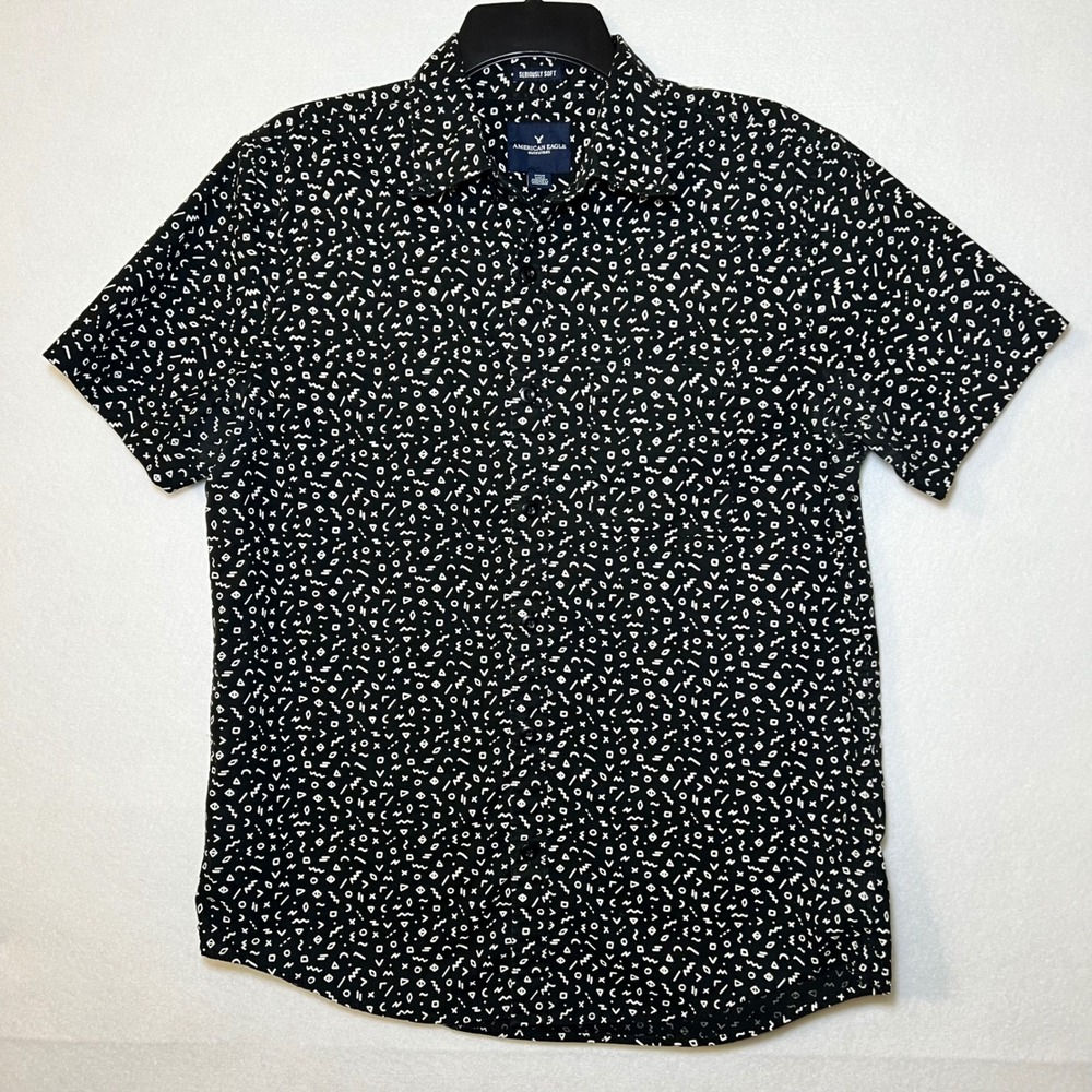 American Eagle Mens Black Geometric Doodle Eclectic Grandpa Indie Short Sleeve M